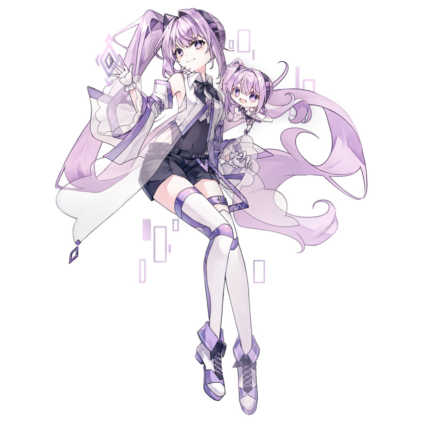 1girl, ai-chan_(arcaea), arcaea, asymmetrical_legwear, bare_shoulders, black_shorts, blush, character_doll