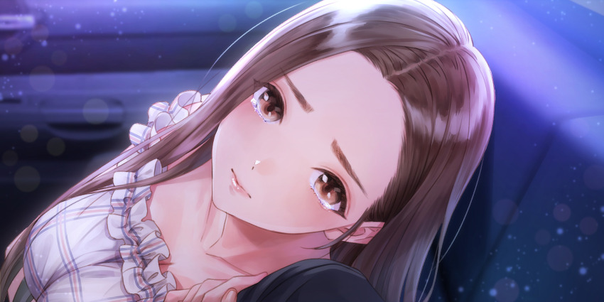 1boy, 1girl, arm_hug, blue_reflection_(series), blue_reflection_sun, breasts, brown_eyes, brown_hair