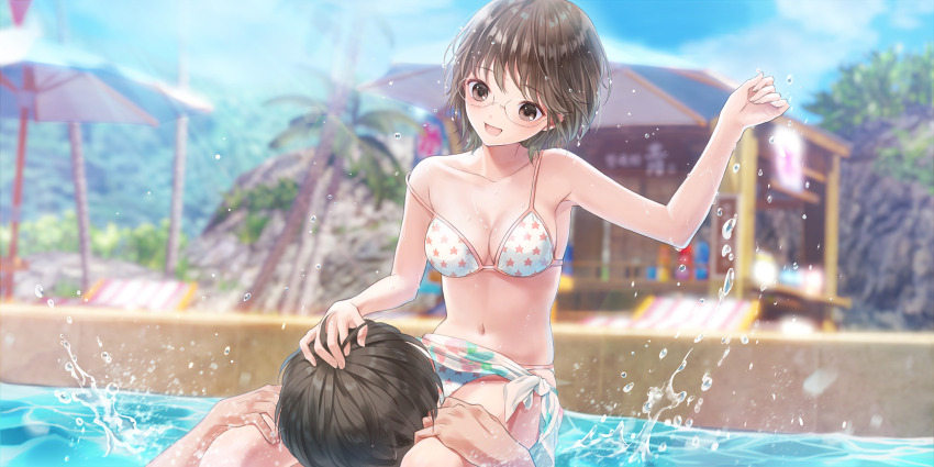 1boy, 1girl, :d, armpits, beach_house, beach_umbrella, bikini, blue_reflection_(series), blue_reflection_sun, blue_sky, blurry, blurry_background, breasts, brown_eyes, brown_hair, carrying, cleavage, collarbone, day, floral_print_sarong, game_cg, glasses, hand_on_another's_head, hand_up, highres, kishida_mel, light_rays, medium_breasts, non-web_source, official_art, open_mouth, outdoors, palm_tree, partially_submerged, piggyback, pool, print_bikini, print_sarong, protagonist_(blue_reflection_sun), round_eyewear, sarong, self-datamine, short_hair, sky, smile, splashing, star_(symbol), star_print, star_print_bikini, strap_slip, sunlight, swimsuit, takaoka_yukiko, tree, umbrella, white_bikini, white_sarong