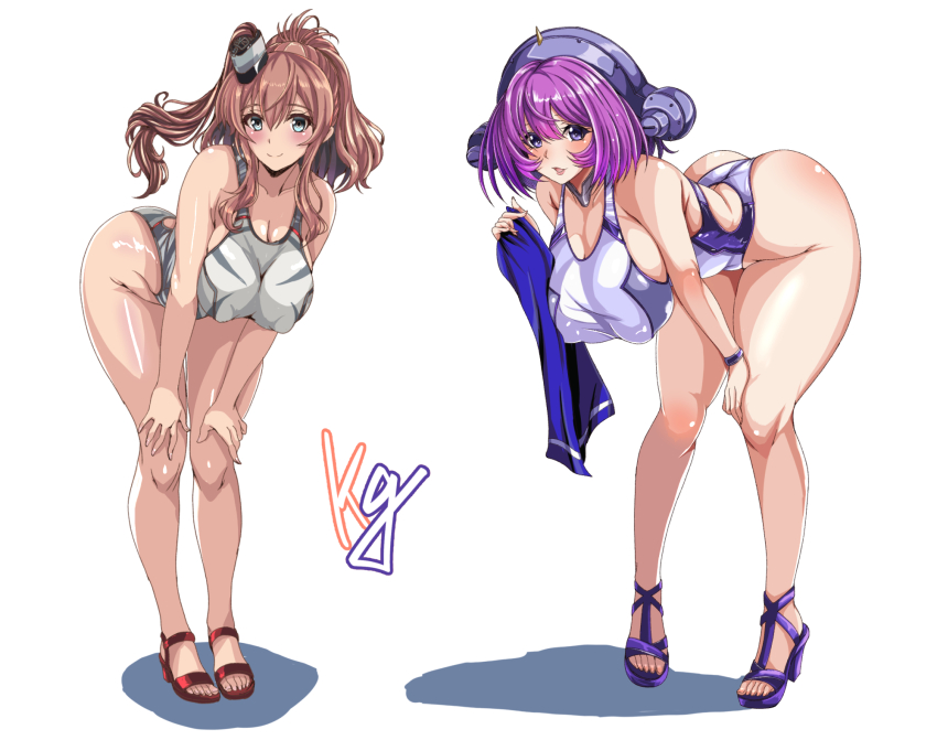 2girls, alternate_costume, blush, breasts, brown_hair, cleavage, closed_mouth, commentary_request