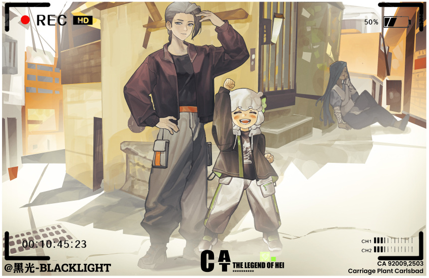 1girl, 2boys, absurdres, animal_ears, black_jacket, black_shirt, blood, blue_eyes