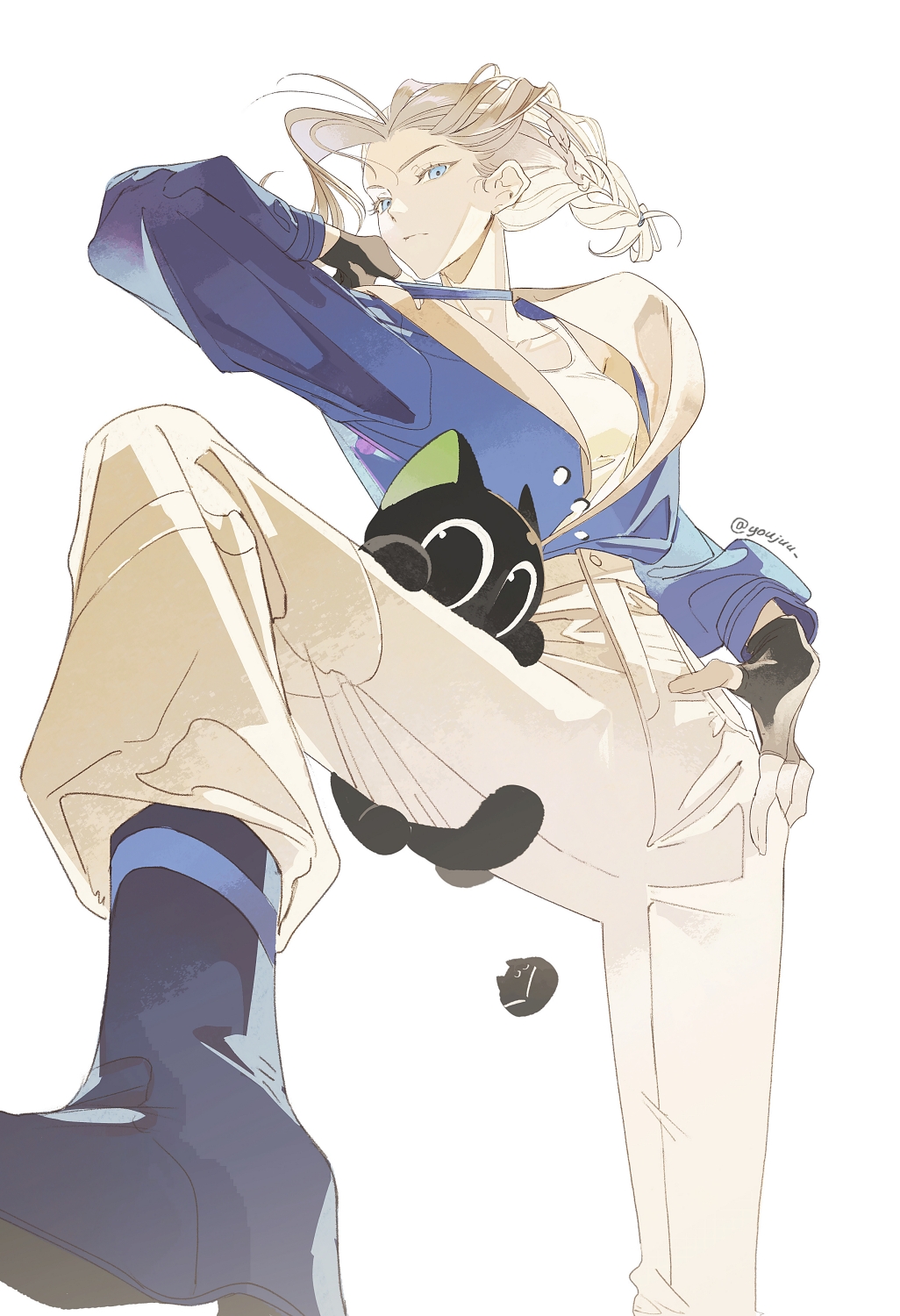 1girl, black_boots, black_gloves, blue_eyes, blue_jacket, boots, fingerless_gloves, foot_out_of_frame