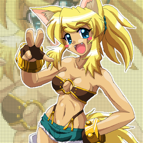 1girl, animal_ear_fluff, animal_ears, belt_bra, blonde_hair, blue_eyes, blush, bracelet, breasts, cleavage, dark-skinned_female, dark_skin, denim, denim_shorts, dragon_(artist), facial_mark, fangs, fingerless_gloves, gloves, hand_on_own_hip, jewelry, large_breasts, liru, long_hair, lowres, o-ring, open_mouth, pixel_art, pixelated, ponytail, renkin_san-kyuu_magical_pokaan, shorts, smile, solo, spiked_bracelet, spikes, tail, teeth, upper_teeth_only, v, whisker_markings, wolf_ears, wolf_girl, wolf_tail, yellow_tail