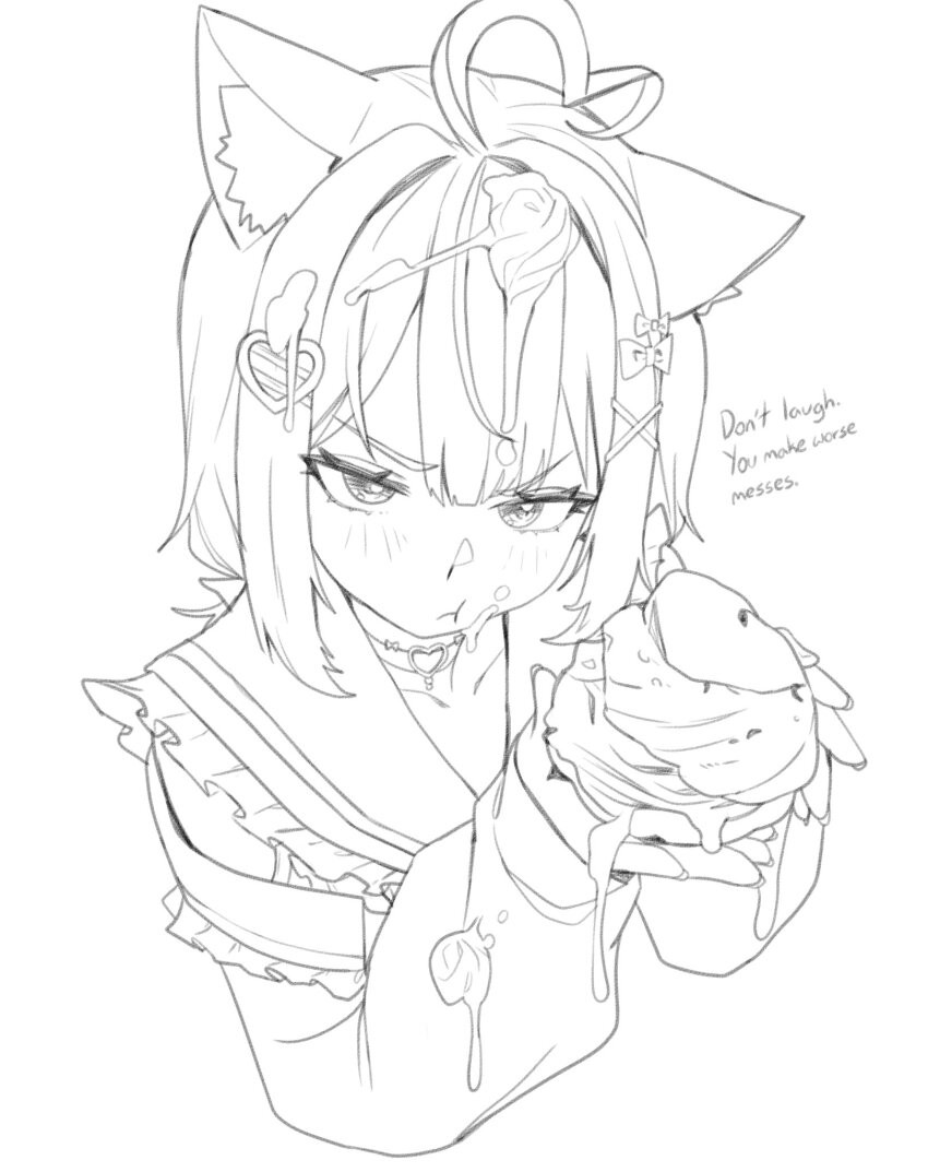 1girl, ahoge, aisu_koffie, animal_ear_fluff, animal_ears, cat_ears, closed_mouth, cream_puff, english_text, food, greyscale, hair_ornament, heart, heart_ahoge, heart_hair_ornament, highres, holding, holding_food, indie_virtual_youtuber, long_sleeves, looking_at_viewer, monochrome, pout, second-party_source, simple_background, solo, thernz, upper_body, virtual_youtuber, white_background, x_hair_ornament