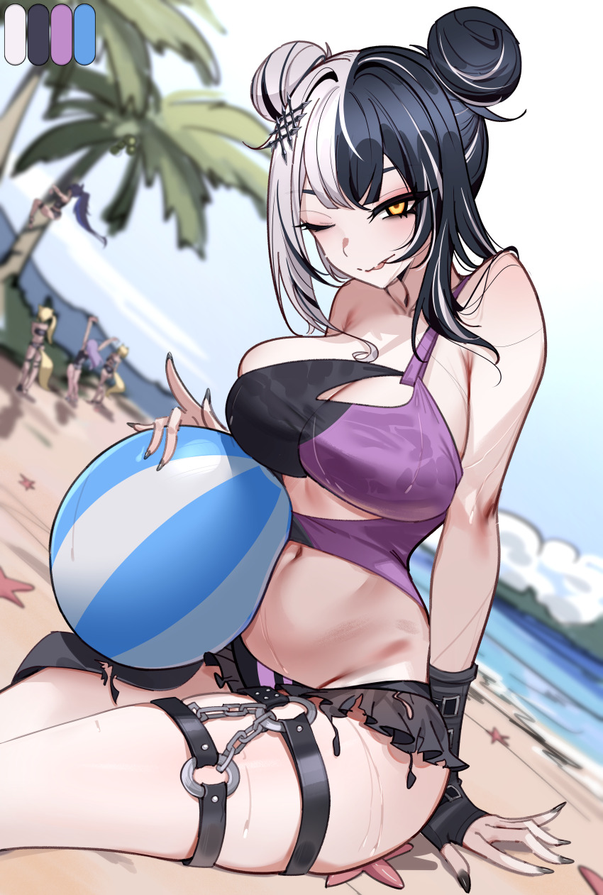 5girls, ;p, absurdres, ball, beach, beachball, bikini, black_bikini