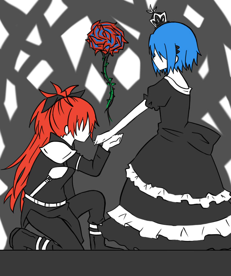 10s, 2girls, bad_id, bad_pixiv_id, crown, dress, flower, long_hair, mahou_shoujo_madoka_magica, mahou_shoujo_madoka_magica_(anime), mego, miki_sayaka, multiple_girls, ponytail, red_flower, red_rose, rose, sakura_kyoko, short_hair, tanco_sae