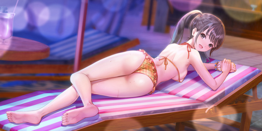 1girl, :d, ass, azumi_nanaka, barefoot, bead_bracelet, beads, bikini