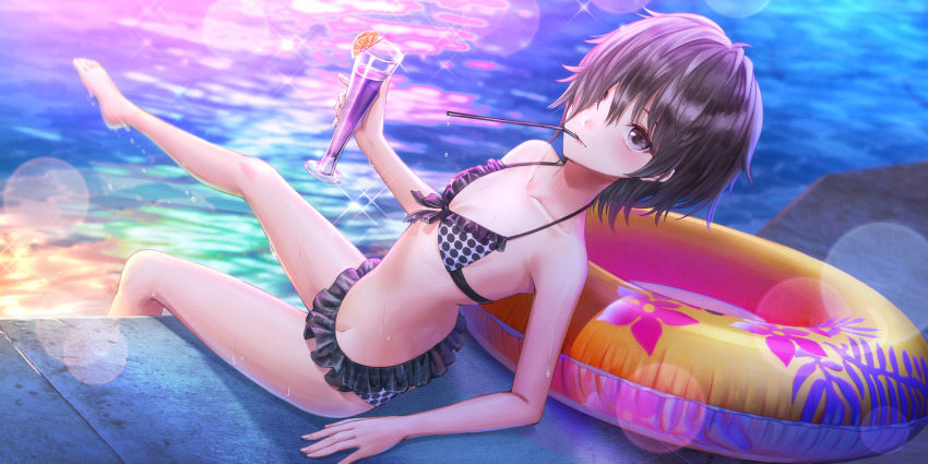 1girl, arm_support, barefoot, bikini, black_hair, blue_reflection_(series), blue_reflection_sun, blush