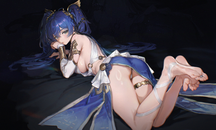 1girl, absurdres, ancient_greek_clothes, ass, bare_shoulders, barefoot, blue_eyes, blue_hair