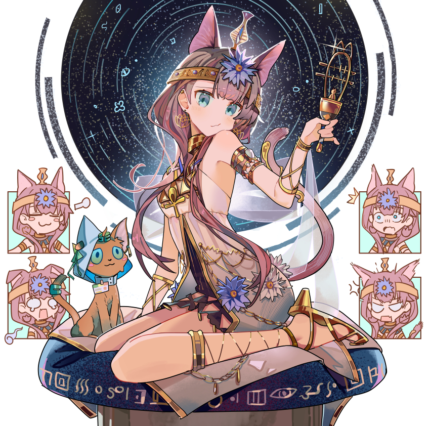 1girl, :3, =_=, ^^^, absurdres, ancient_egyptian_clothes, animal_ears, animalization, arknights, armlet, brown_hair, cat, cat_ears, cat_girl, cat_tail, commentary, dress, gold_armlet, gold_sandals, green_eyes, headband, highres, holding, kanshio, long_hair, looking_at_viewer, multiple_expressions, multiple_views, official_alternate_costume, orange_cat, papyrus_(arknights), pepe_(arknights), pepe_(nuit_of_the_nightsky)_(arknights), sandals, simple_background, sitting, tail, tail_ornament, tail_ring, wariza, white_background, white_dress