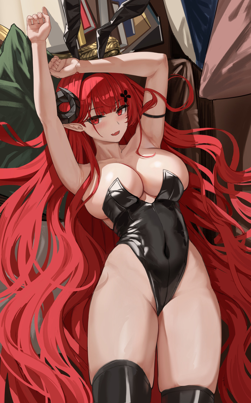 1girl, absurdres, animal_ear_hairband, animal_ears, arm_above_head, armband, armpits, arms_up, azur_lane, bare_shoulders, black_horns, black_leotard, black_thighhighs, blunt_bangs, blush, book, breasts, collarbone, commentary, couch, covered_navel, curled_horns, fake_animal_ears, fang, from_above, groin, hair_ornament, hair_spread_out, hairband, highleg, highleg_leotard, highres, hindenburg_(azur_lane), hindenburg_(delirious_duel)_(azur_lane), horns, large_breasts, leotard, long_hair, looking_at_viewer, lying, official_alternate_costume, on_back, on_couch, open_mouth, pillow, playboy_bunny, pointy_ears, rabbit_ears, red_eyes, red_hair, sideboob, skin_fang, smile, solo, strapless, strapless_leotard, thighhighs, thighs, very_long_hair, yuhui_ranjin