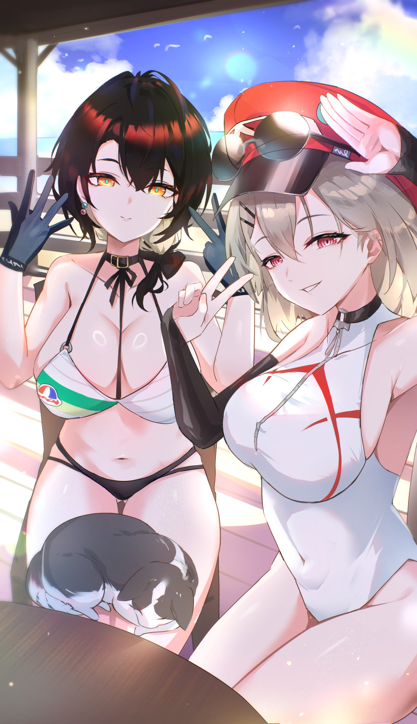 2girls, absurdres, animal, animal_on_lap, aram_(epic_seven), armpits, bare_shoulders, bikini