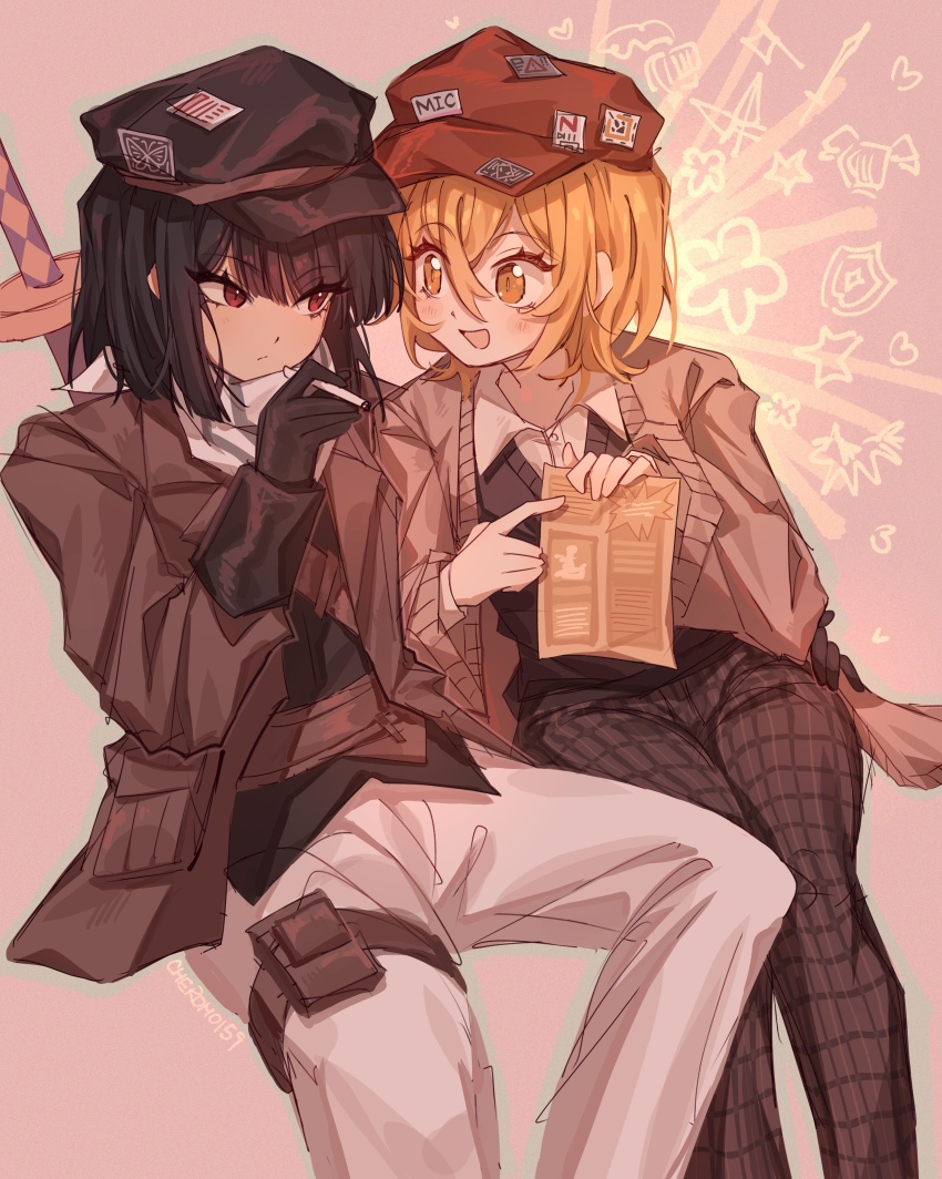 2girls, :d, absurdres, black_gloves, black_hair, black_hat, black_shirt, black_sweater_vest