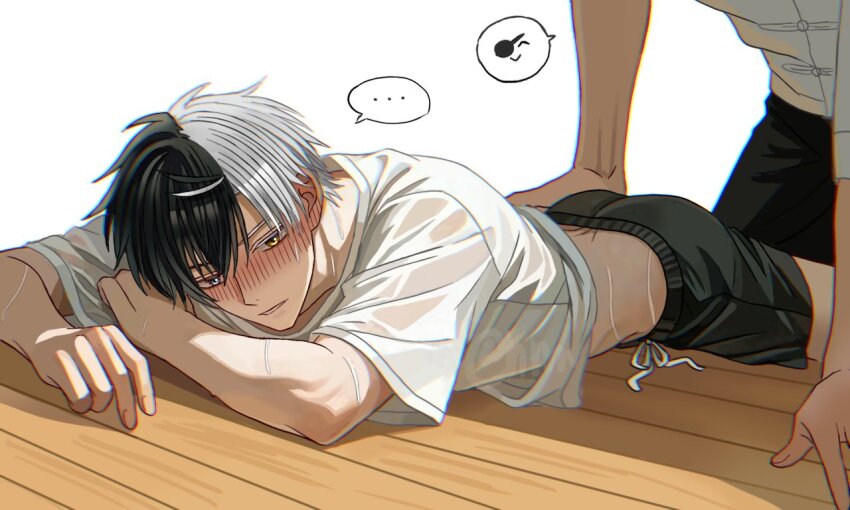 ..., 2boys, black_hair, black_pants, black_shorts, grey_eyes, heterochromia, hyohls2_(hamao3o)