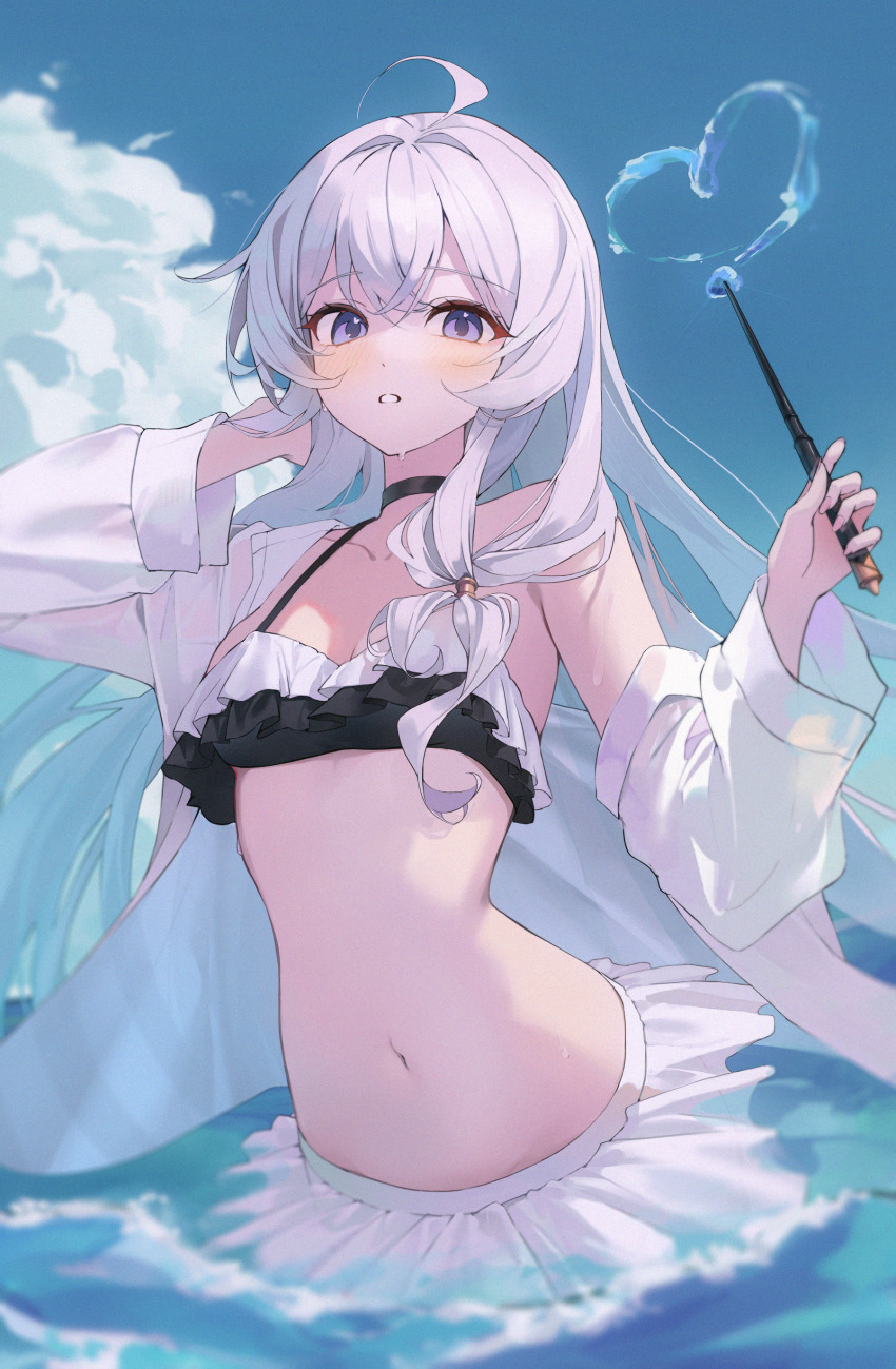 1girl, absurdres, ahoge, bare_shoulders, bikini, bikini_skirt, black_bikini, black_choker