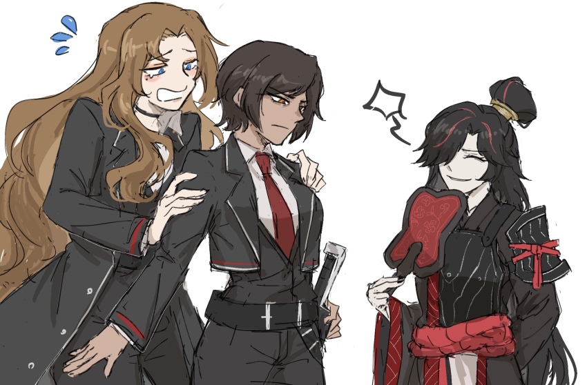 3girls, black_coat, black_hair, black_hanfu, black_pants, black_vest, blue_eyes, brown_hair