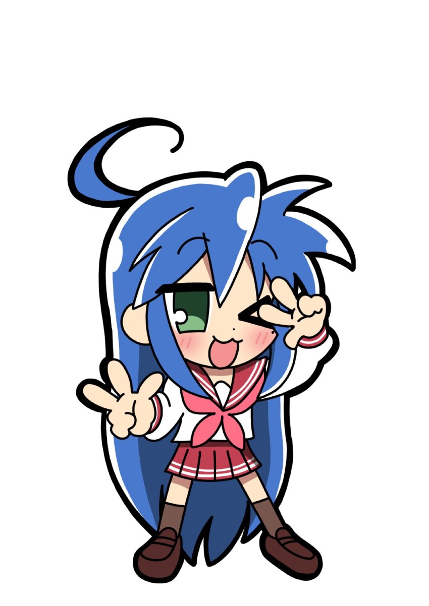 1girl, :3, ahoge, blue_hair, brown_shoes, brown_socks, chibi, double_w