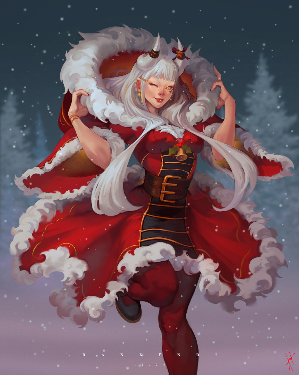 1girl, bell, belt, black_shoes, bracelet, brown_belt, christmas, dan_kendi