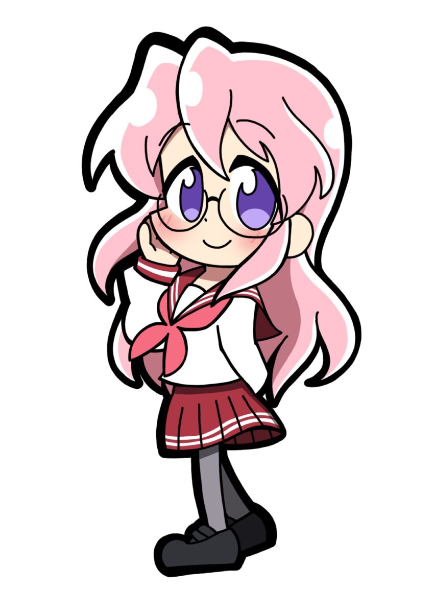 1girl, arm_behind_back, black_shoes, chibi, glasses, grey_pantyhose, hand_on_own_cheek, hand_on_own_face