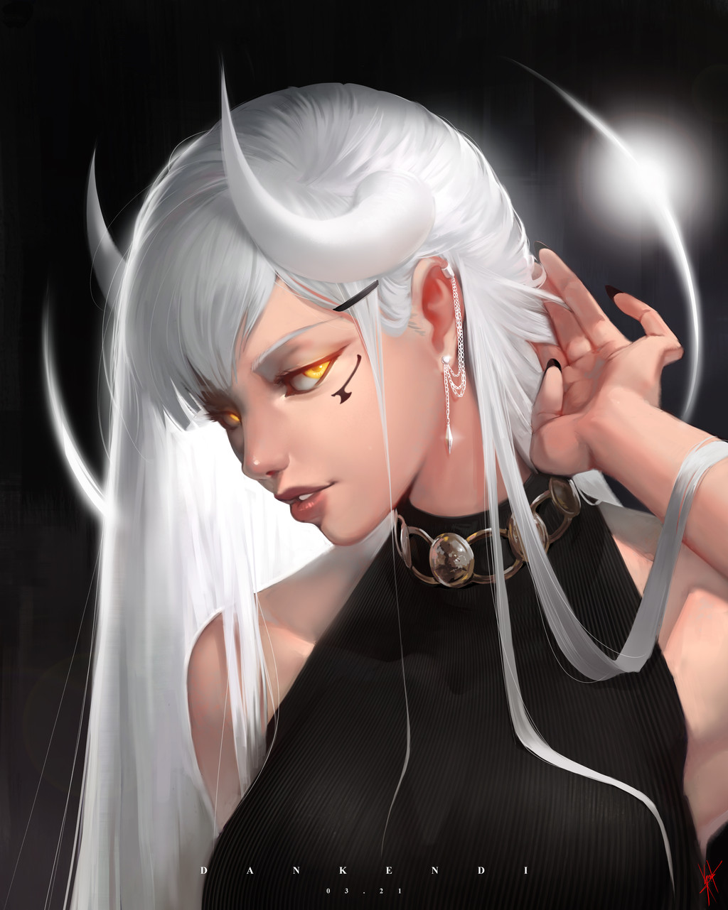 1girl, arm_up, black_background, black_dress, chain, chain_earrings, dan_kendi, dress