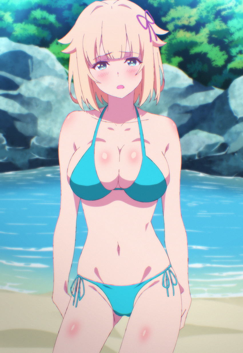 1girl, beach, blonde_hair, blue_eyes, blush, bra, breasts, highres