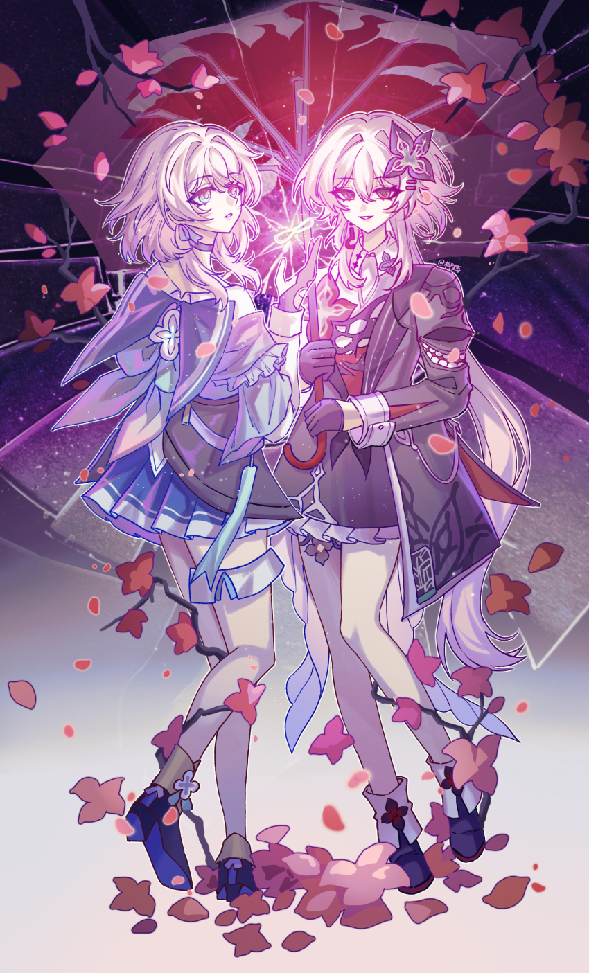 2girls, absurdres, black_dress, black_gloves, black_jacket, blue_skirt, dress, dual_persona