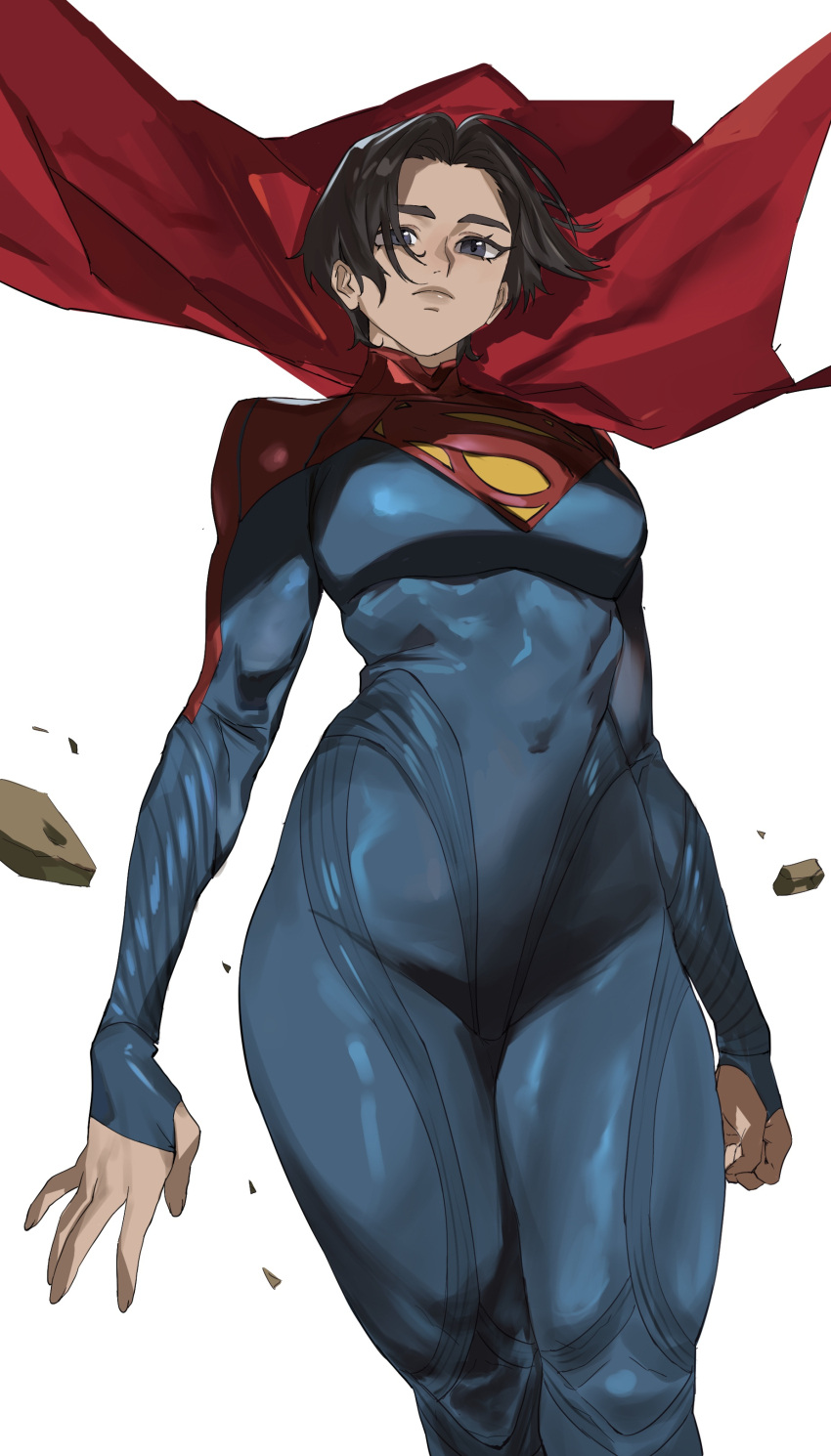 1girl, absurdres, blue_bodysuit, blue_eyes, bodysuit, breasts, cape, clenched_hand, dc_comics, flying, from_below, grey_eyes, hair_flowing_over, highres, kara_danvers, looking_at_viewer, medium_breasts, parted_bangs, red_cape, short_hair, simple_background, solo, supergirl, superhero_costume, superman_(series), superman_logo, taiyang_yu, the_flash_(movie), the_flash_(series), thick_thighs, thighs, toned, white_background, wide_hips