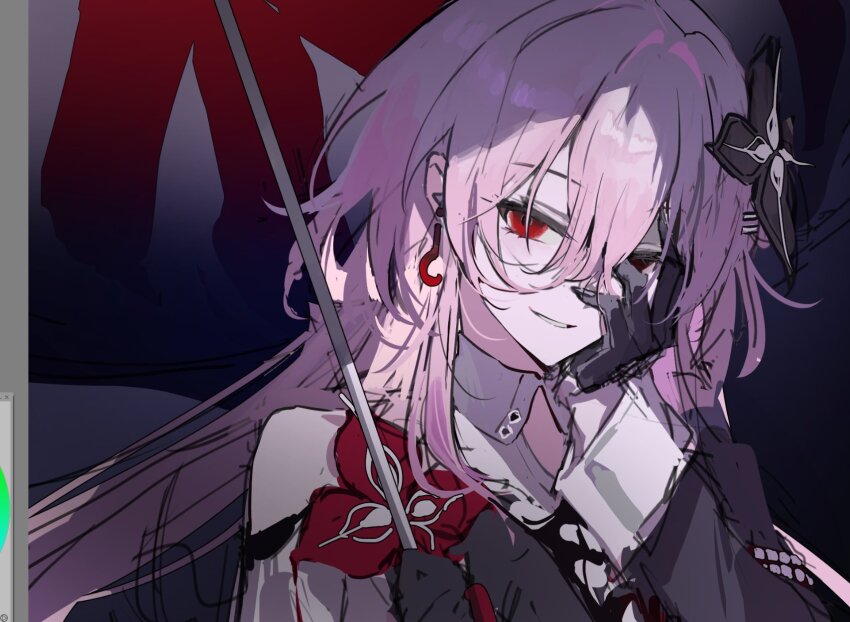 1girl, 9boksen, black_flower, black_gloves, crazy_smile, earrings, evernight_(honkai:_star_rail), flower