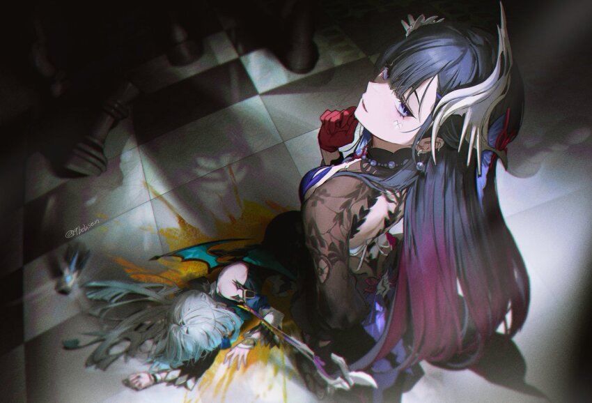 2girls, 9boksen, black_hair, blood, blood_splatter, bloody_weapon, blue_hair, cerydra_(honkai:_star_rail)
