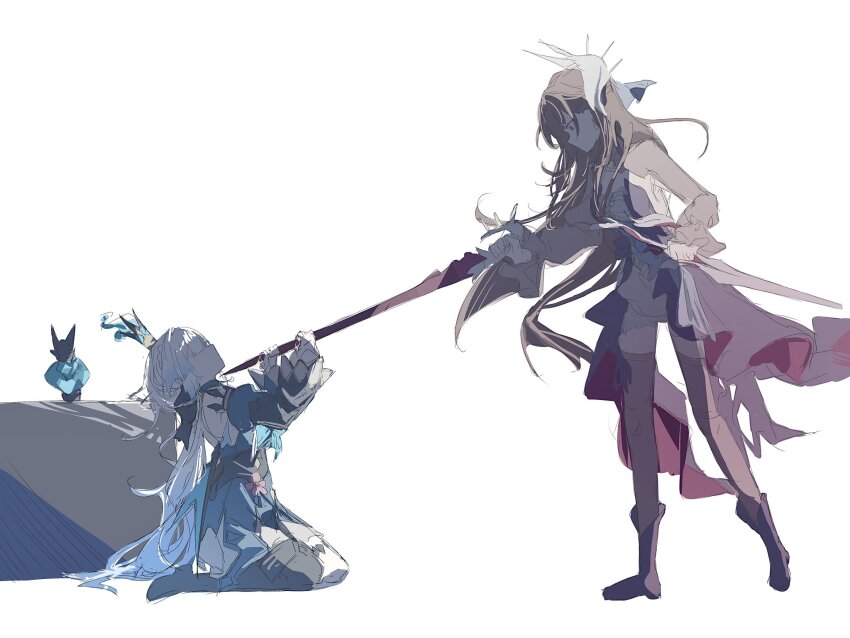 2girls, black_boots, black_hair, blade_to_throat, blue_dress, blue_hair, boots, cerydra_(honkai:_star_rail)