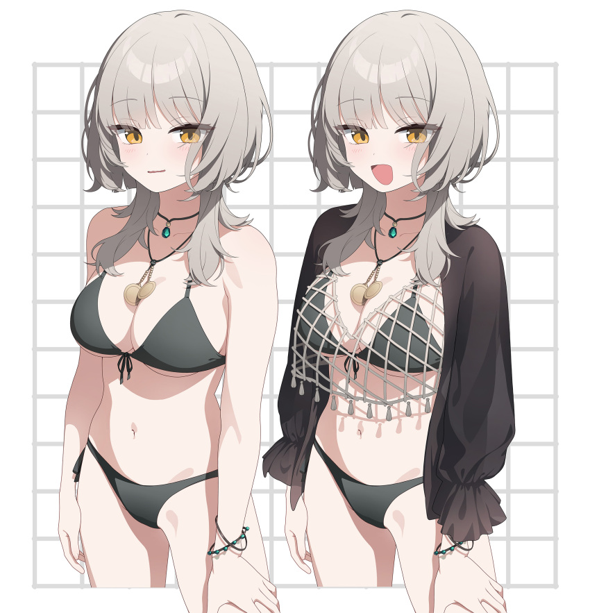 1girl, absurdres, bikini, black_bikini, black_cardigan, breasts, brown_eyes, cardigan, cleavage, commentary, dong_ji, grey_hair, highres, jewelry, large_breasts, looking_at_viewer, multiple_views, navel, necklace, open_cardigan, open_clothes, open_mouth, patterned_background, project_rx, simple_background, smile, swimsuit, tagme, thighs, wolf_cut