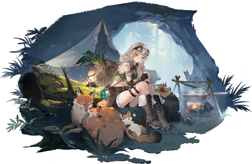 1girl, absurdres, animal_ears, apple, arm_guards, backpack, bag, belt, boots, border, brown_boots, brown_eyes, campfire, camping, cocoa_(sword_of_convallaria), crop_top, cup, fading_border, fingerless_gloves, food, fox, fruit, frying_pan, fur-trimmed_boots, fur_trim, game_cg, gloves, goggles, goggles_on_head, grey_hair, highres, holding, holding_cup, lop_rabbit_ears, midriff, non-web_source, official_art, potion, rabbit_ears, rabbit_girl, short_hair, shorts, sitting, solo, sword_of_convallaria, tent, transparent_border