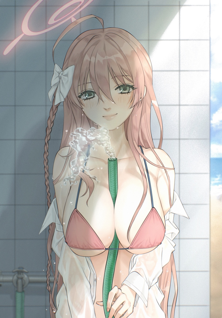 1girl, ahoge, bare_shoulders, between_breasts, bikini, bikini_under_clothes, blue_archive, blush