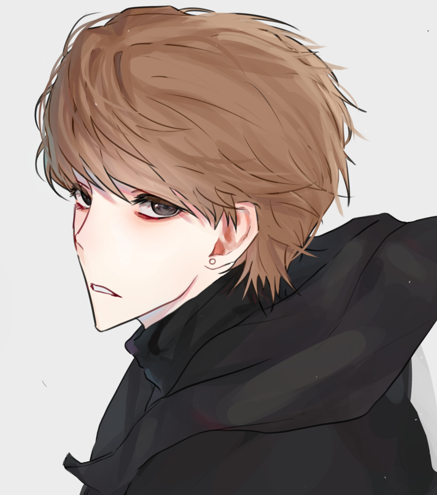 1boy, brown_hair, casual, expressionless, from_side, grey_eyes, highres, hood, hoodie, looking_to_the_side, lookism, male_focus, open_mouth, profile, seong_yo-han, short_hair, simple_background, solo, solo_focus, user_smmj7747, white_background