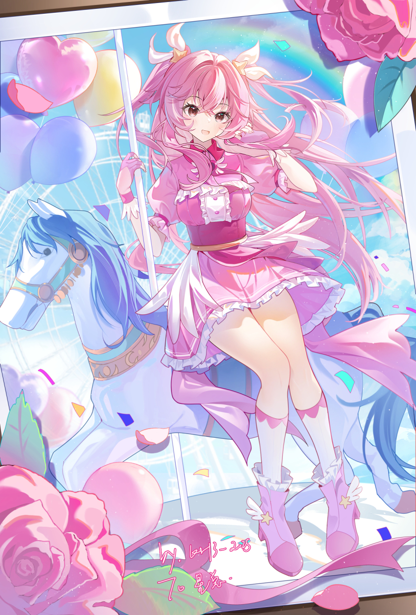 1girl, artist_name, balala_the_fairies, balloon, boots, bow, breasts, carousel