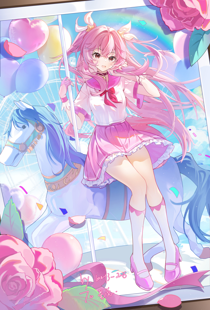 1girl, artist_name, balala_the_fairies, balloon, bow, carousel, choker, flower