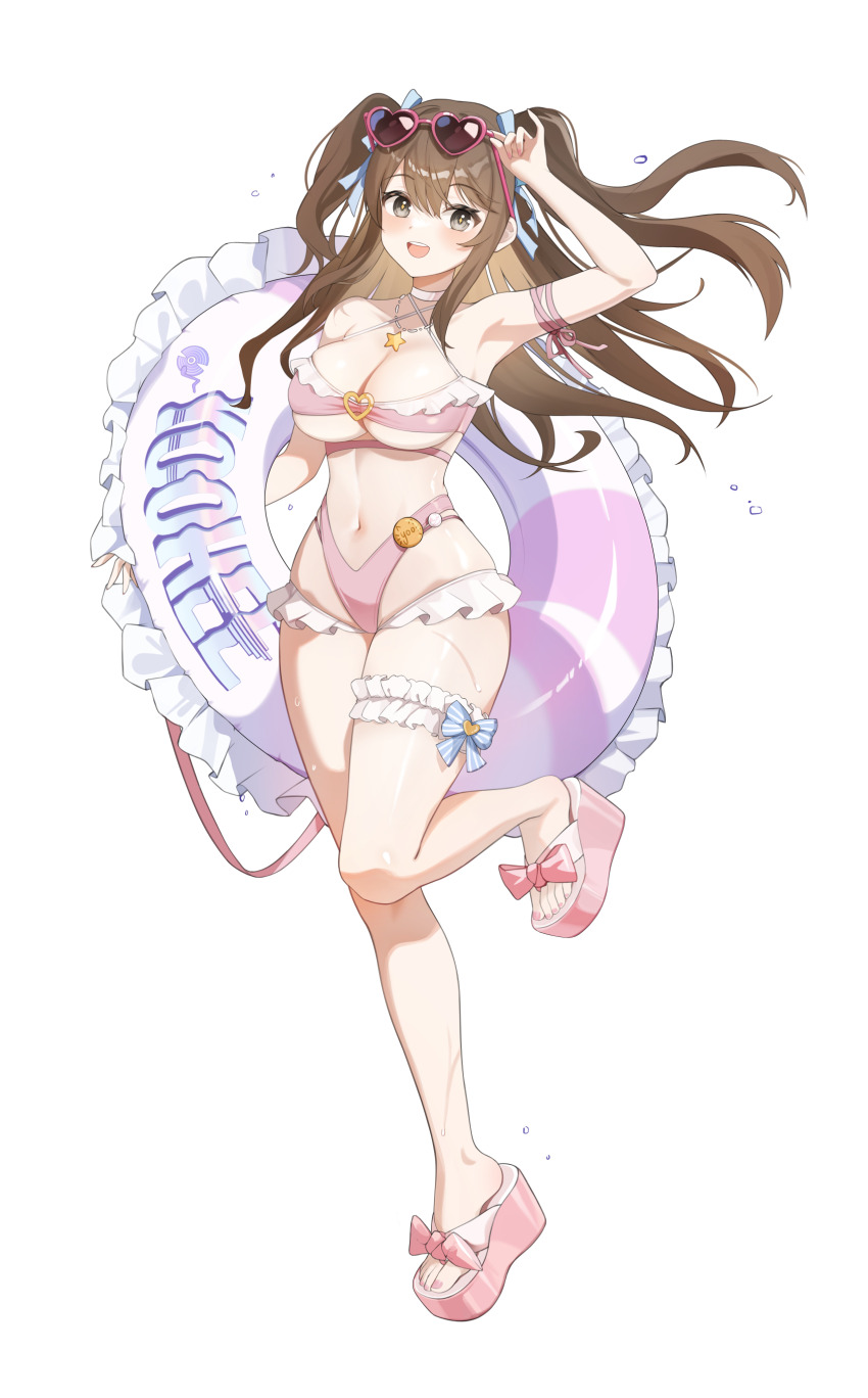 1girl, :d, absurdres, bikini, blue_ribbon, breasts, brown_eyes, brown_hair