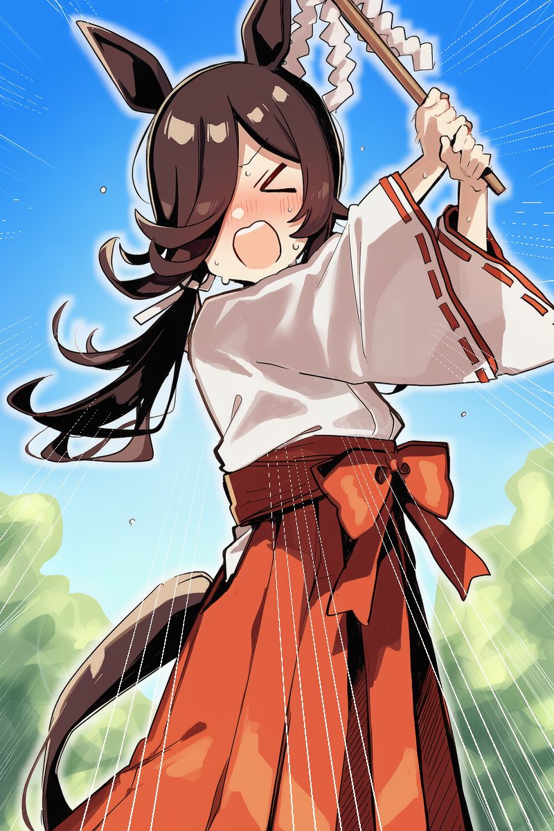 >_<, 1girl, alternate_costume, alternate_hairstyle, animal_ears, blush, brown_hair, hair_over_one_eye, hakama, highres, horse_ears, horse_girl, horse_tail, japanese_clothes, long_hair, long_sleeves, miko, open_mouth, ponytail, red_hakama, red_trim, rice_shower_(umamusume), solo, sweatdrop, tail, to_zaemon, umamusume, white_kosode