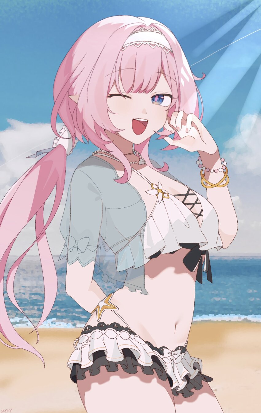 1girl, ;o, absurdres, beach, bikini, blue_eyes, blue_sky, breasts, commentary_request, elf, elysia_(honkai_impact), elysia_(miss_pink_elf)_(honkai_impact), elysia_(summer_miss_elf)_(honkai_impact), hairband, highres, honkai_(series), honkai_impact_3rd, jacket, jewelry, large_breasts, long_hair, navel, necklace, ocean, official_alternate_costume, one_eye_closed, outdoors, pink_hair, pointy_ears, see-through_clothes, see-through_jacket, shell, shell_necklace, sky, solo, stomach, sui_mei, swimsuit, thighs, very_long_hair, white_bikini, white_hairband