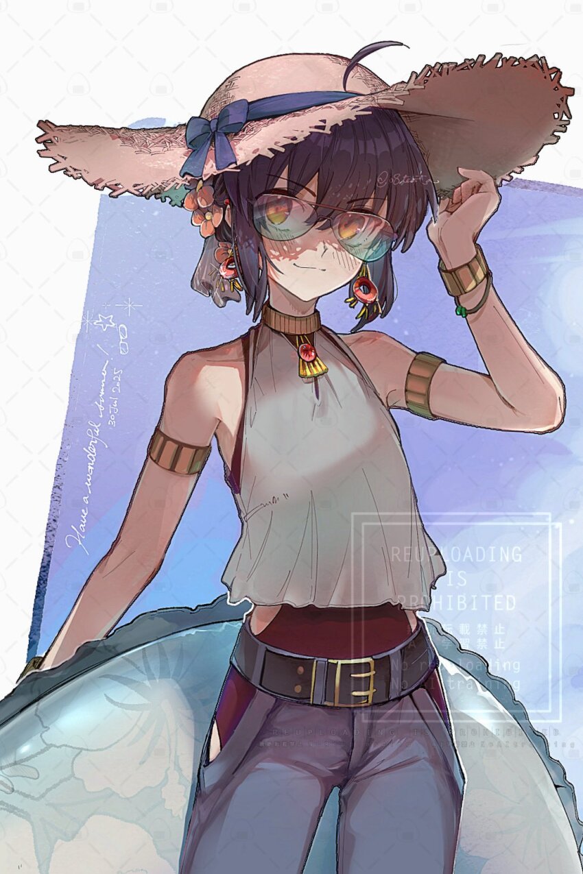 1other, adjusting_clothes, adjusting_headwear, ahoge, alternate_costume, alternate_hairstyle, armlet, belt, belt_buckle, black_belt, black_hair, bracelet, braid, braided_bun, buckle, dated, earrings, fate/samurai_remnant, fate_(series), gradient-tinted_eyewear, hair_bun, halterneck, hat, hat_ribbon, highres, holding, holding_swim_ring, innertube, jewelry, looking_at_viewer, o8testa, pants, ribbon, shirt, sidelocks, sleeveless, solo, straw_hat, summer, swim_ring, swimsuit, swimsuit_under_clothes, tinted_eyewear, watermark, white_shirt, yamato_takeru_(fate), yellow_eyes