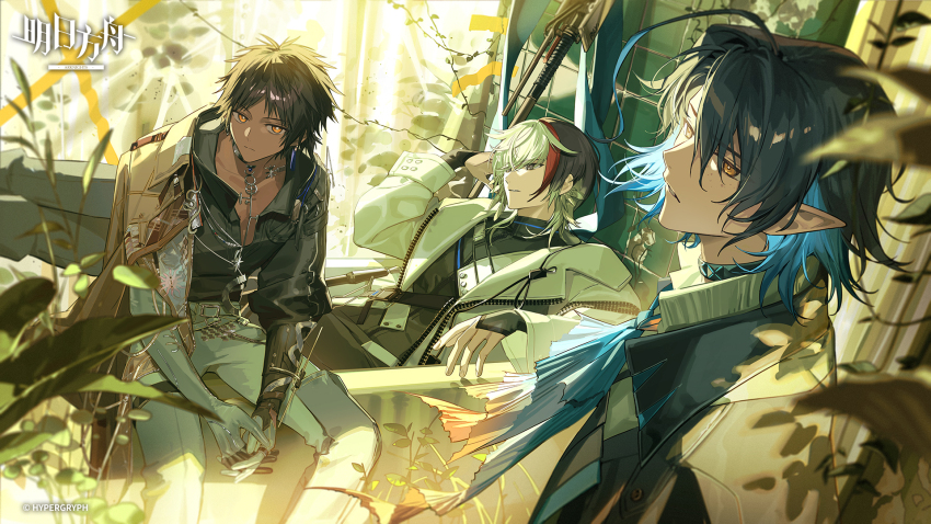 3boys, arknights, ascot, black_hair, black_jacket, black_shirt, blue_ascot, blue_hair