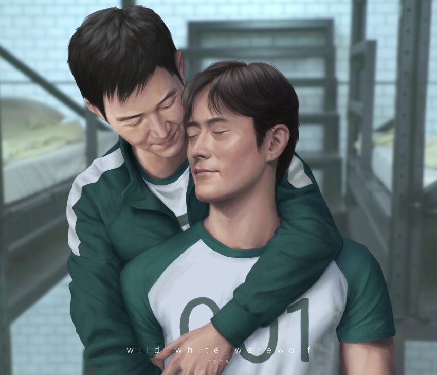 2boys, arm_around_shoulder, black_hair, blurry, blurry_background, closed_eyes, clothes_writing, commentary