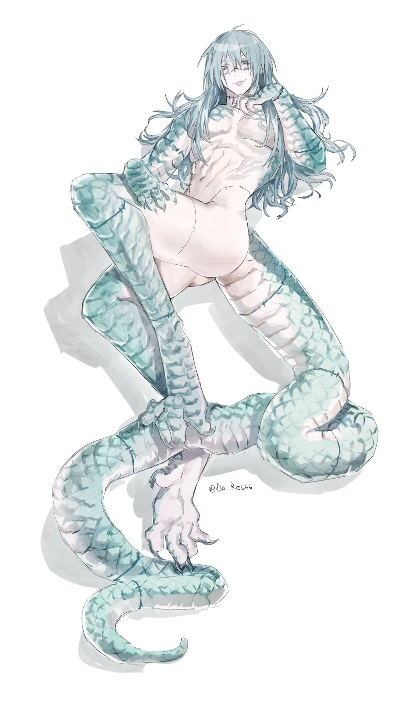 1boy, absurdly_long_tail, absurdres, alternate_form, aqua_scales, blue_eyes, blue_hair, blue_scales