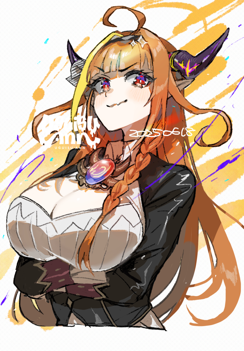 1girl, ahoge, blonde_hair, bow, breasts, brooch, cleavage, cleavage_cutout