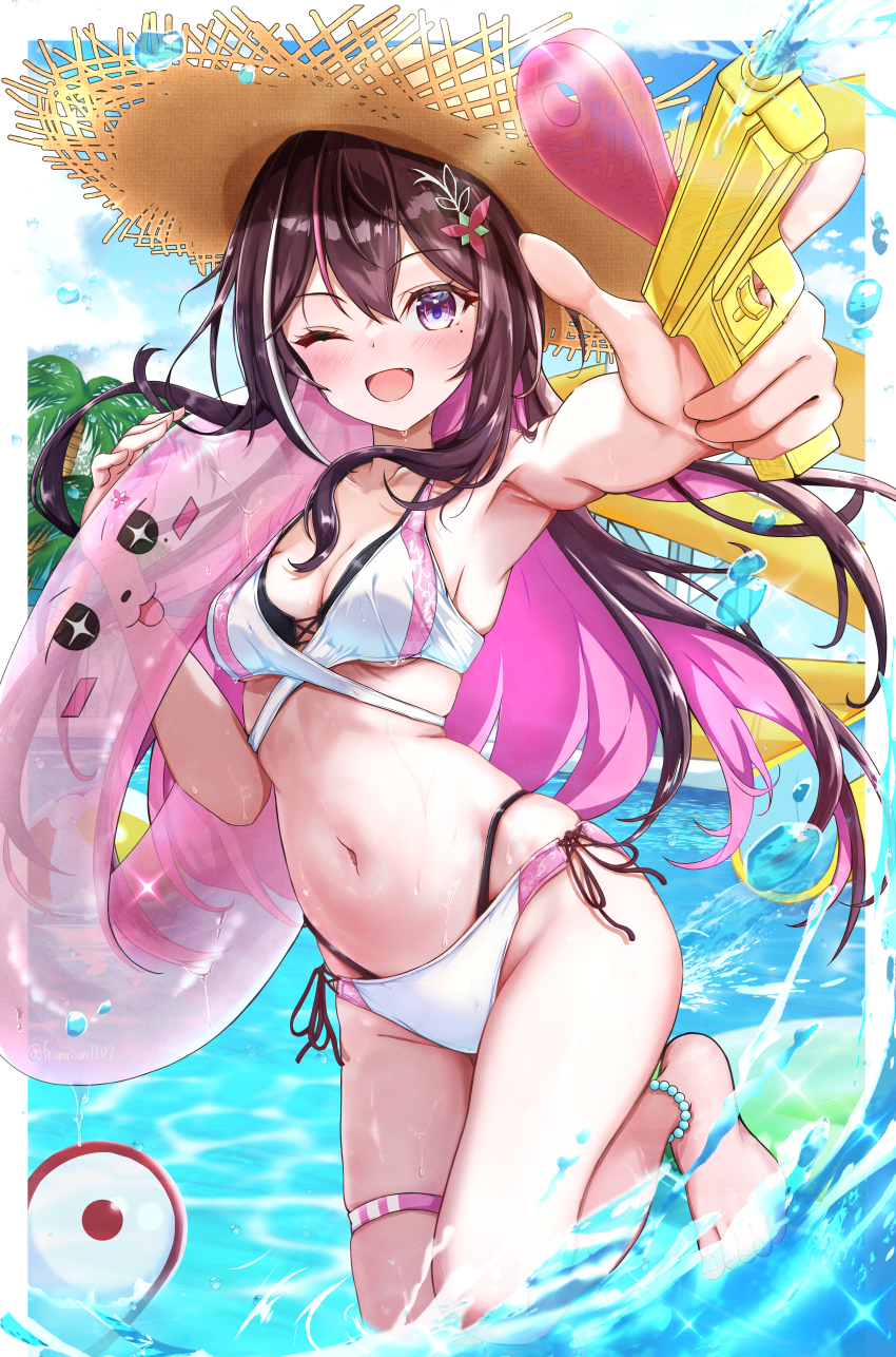 1girl, :d, absurdres, anklet, armpits, azki_(hololive), azki_(holonatsu_paradise)_(hololive), barefoot