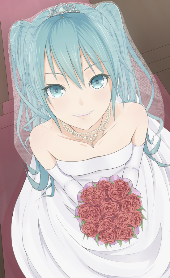 1girl, aqua_eyes, aqua_hair, bad_id, bad_pixiv_id, bare_shoulders, bouquet, bridal_veil, dress, elbow_gloves, female_focus, flower, from_above, gloves, hatsune_miku, heisei_yutorin, jewelry, lips, long_hair, looking_up, necklace, red_flower, red_rose, rose, shroud, smile, solo, strapless, strapless_dress, veil, vocaloid, wedding_dress