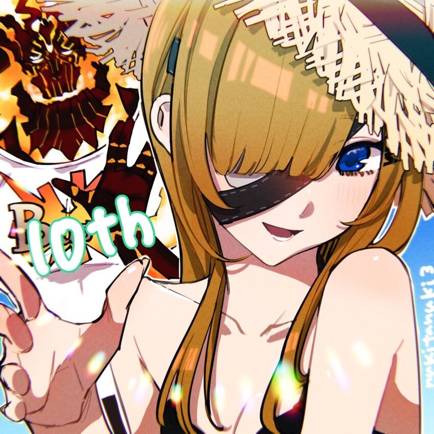 1girl, anniversary, bare_arms, bare_shoulders, blue_eyes, blush, breasts, brown_hair, buster_shirt, cleavage, close-up, collarbone, crypters_(fate/grand_order), eyepatch, fate/grand_order, fate_(series), fire_body, gotterdammerung_(fate/grand_order), hair_over_one_eye, hat, highres, long_hair, looking_at_viewer, milestone_celebration, open_hand, open_mouth, ophelia_phamrsolone, smile, strapless, straw_hat, sunlight, surtr_(fate), swimsuit, syon_ko, white_eyes