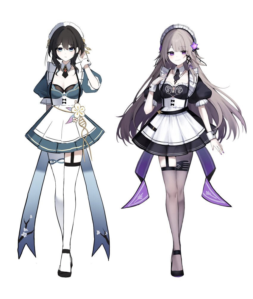 2girls, alternate_costume, apron, black_dress, black_hair, black_pantyhose, black_thighhighs, breasts