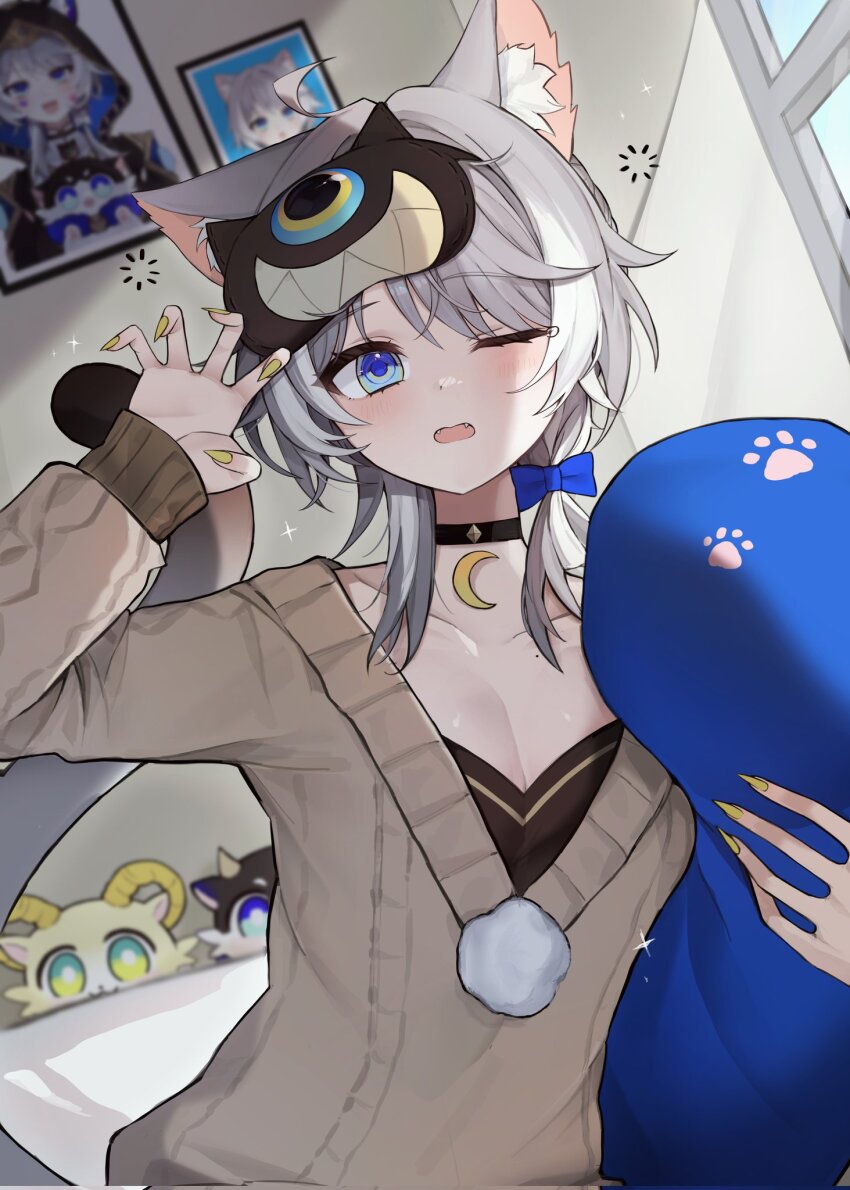 1girl, aglaea_(honkai:_star_rail), aglaea_(oatmeal)_(honkai:_star_rail), animal_ear_fluff, animal_ears, black_camisole, black_choker, breasts, brown_sweater, camisole, cat_ears, cat_girl, chimera_(honkai:_star_rail), choker, cipher_(honkai:_star_rail), cipher_(master_cat-thief)_(honkai:_star_rail), cipher_(sweet_slumber)_(honkai:_star_rail), cleavage, corrupted_twitter_file, grey_hair, hashtag-only_commentary, highres, holding, holding_pillow, honkai:_star_rail, honkai_(series), indoors, kom376986, large_breasts, official_alternate_costume, pillow, portal_(object), short_hair, sleep_mask, solo, sweater