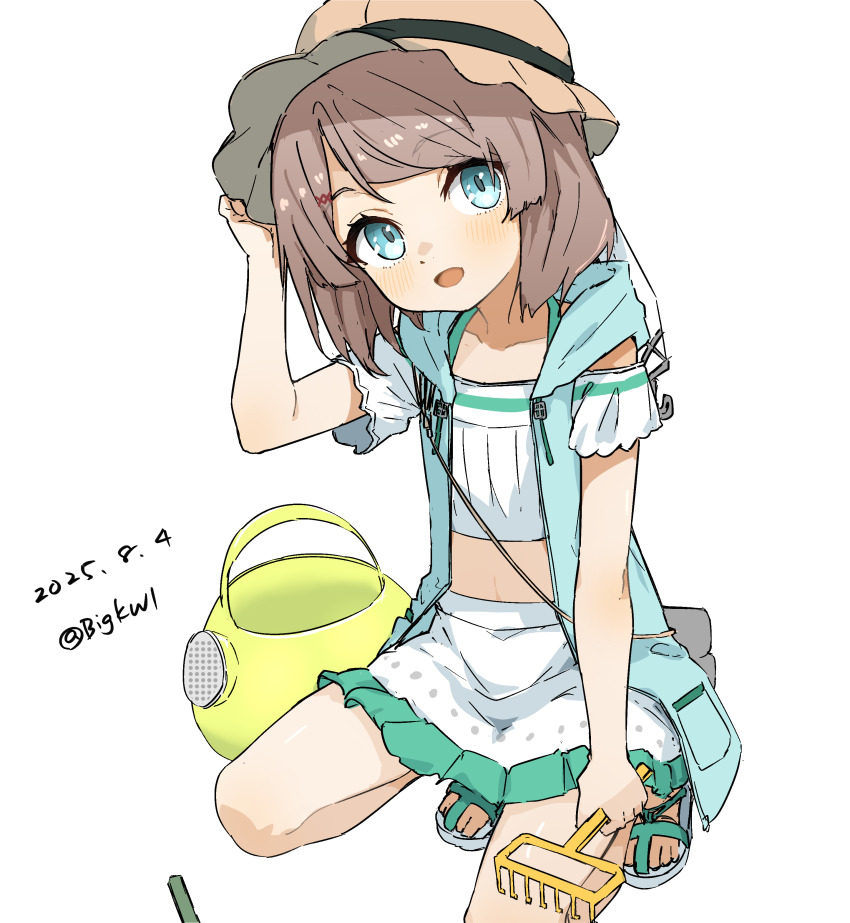1girl, absurdres, bigkwl, blue_eyes, brown_hat, bucket_hat, camisole, dated, green_vest, grey_hair, hat, highres, hood, hooded_vest, hoodie, kaiboukan_no._30_(kancolle), kaiboukan_no._30_(swimsuit)_(kancolle), kantai_collection, kneeling, one-hour_drawing_challenge, rake, sandals, short_hair, skirt, solo, twitter_username, vest, watering_can, white_camisole, white_skirt